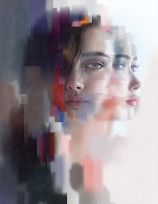 The primary subject of the image is a woman's face, which is the main focus of the image. The setting is a white background, and the visual style is a digital art or illustration. The colors in the image are predominantly pink and blue, creating a warm and inviting atmosphere.